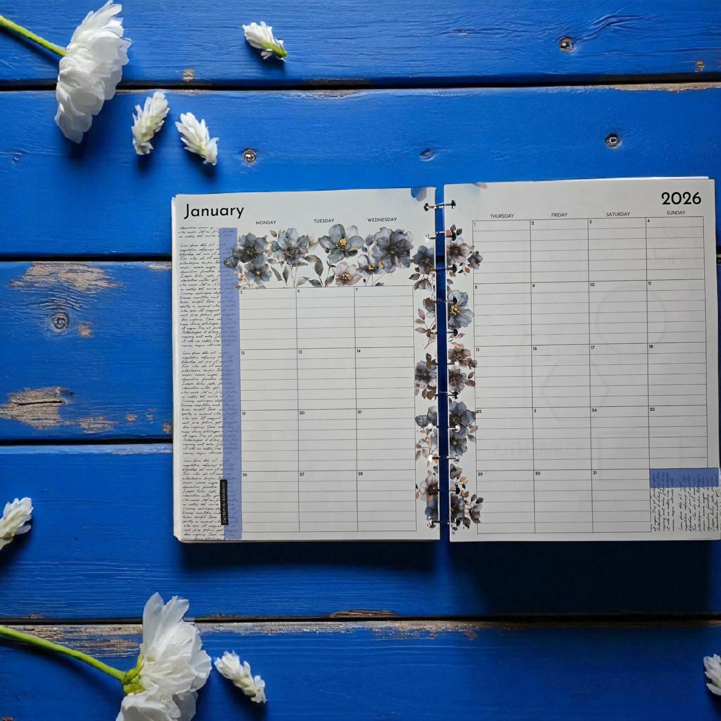 monthly spread from Azure Blooms 2026 discbound memory keeping extension inserts with guided writing space