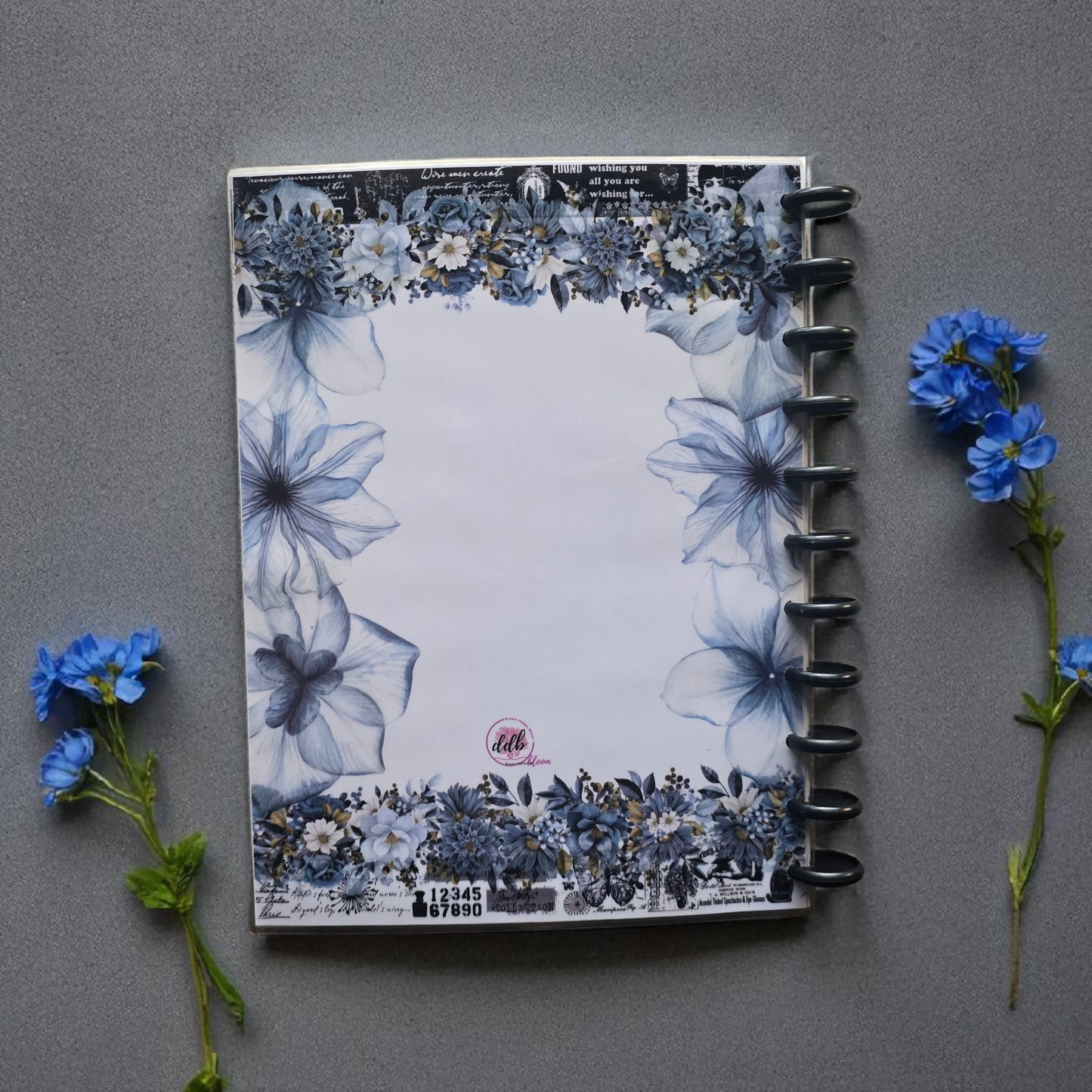 back cover of Azure Blooms 2026 discbound monthly dated planner