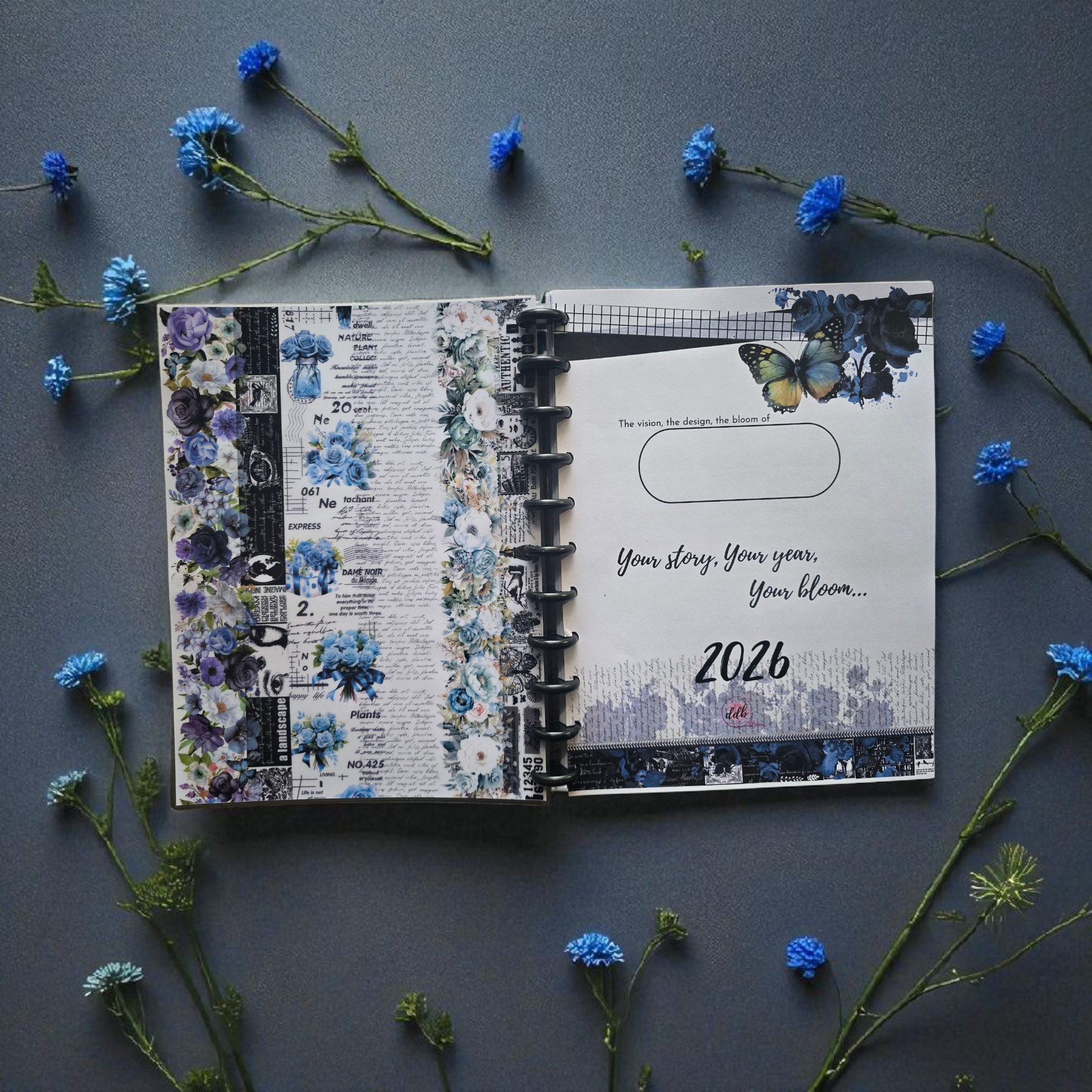 inside front cover of Azure Blooms 2026 discbound monthly dated planner