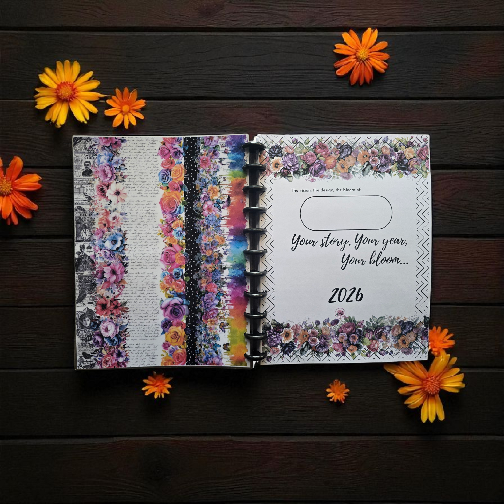 inside front cover of Celestial Blooms 2026 discbound monthly dated planner