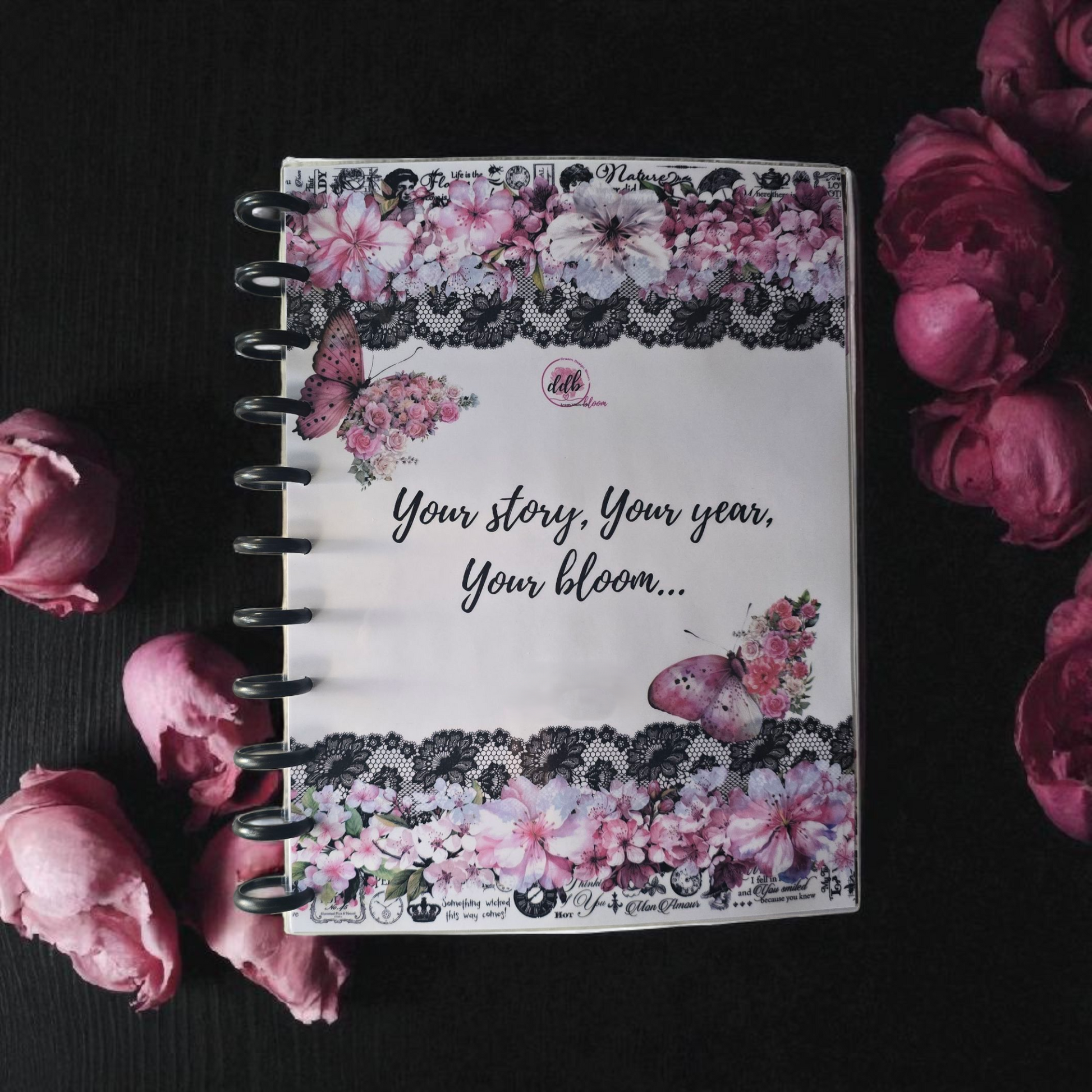 front cover of Whisper Dreams 2026 discbound monthly dated planner in romantic pink palette