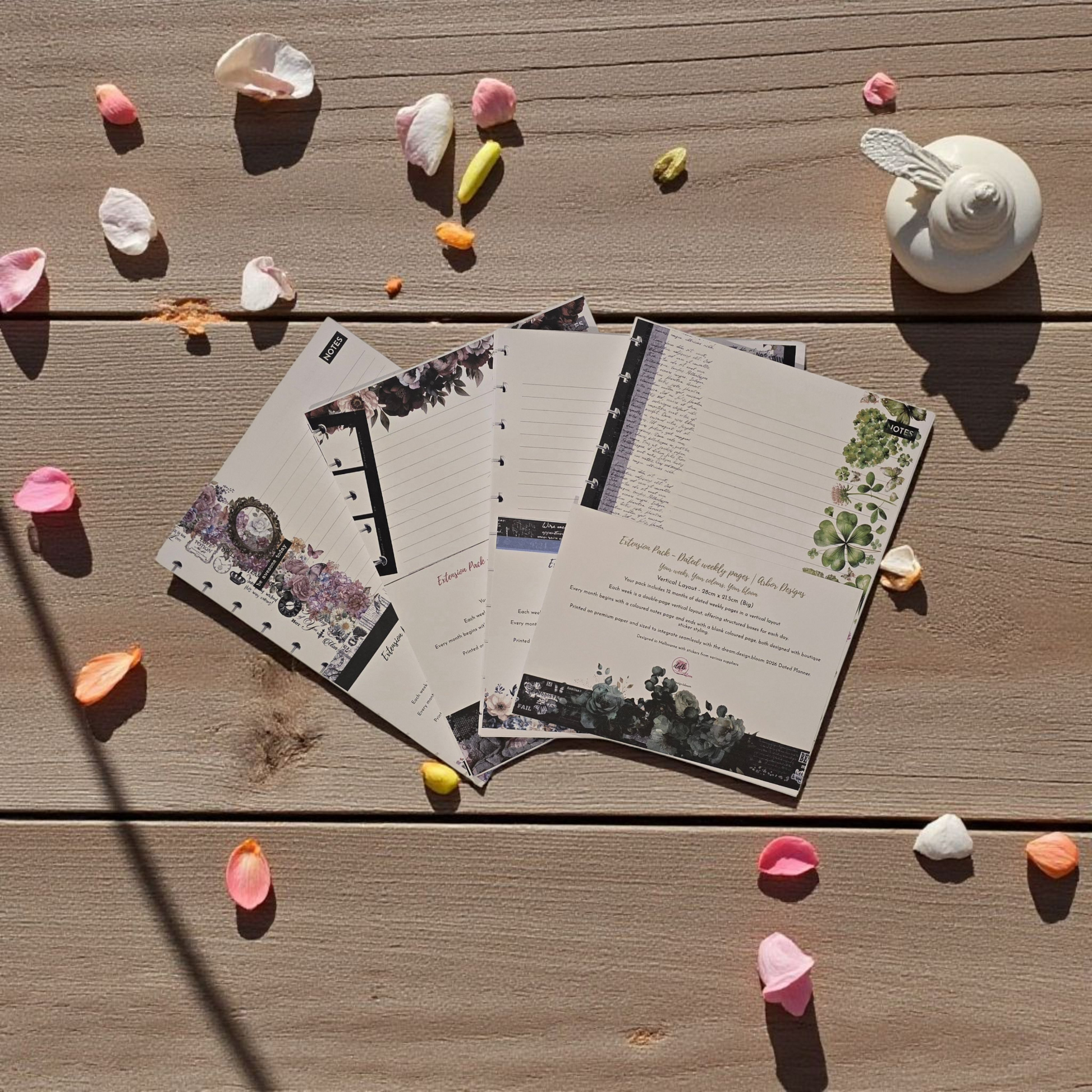 Flatlay of 2026 Discbound Weekly Dated Extension Inserts by dream.design.bloom, boutique planner inserts showing all colour collections together