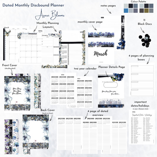 Monthly disbound planner with Azure Blooms design on a white background