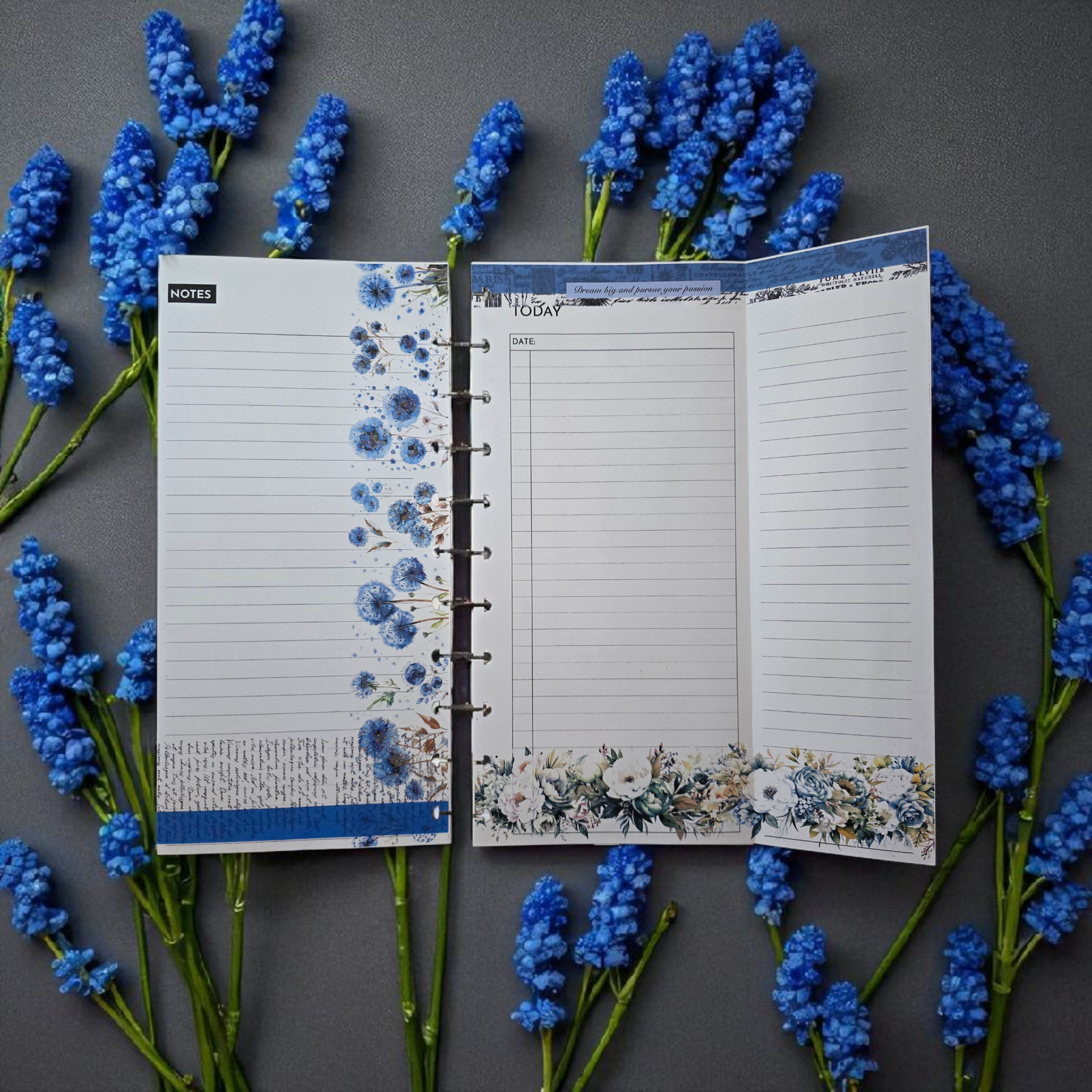 Azure Blooms discbound foldout today inserts showing folded compact daily page in soft blue palette