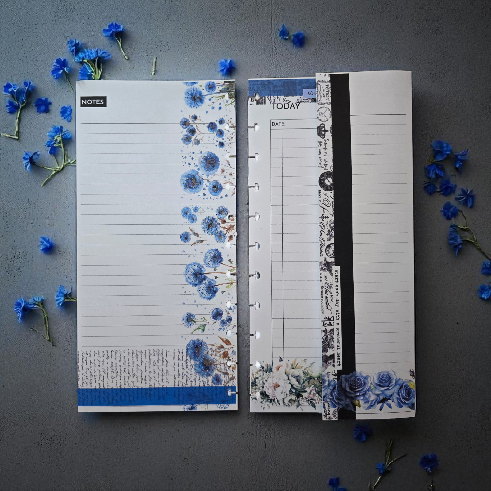 Azure Blooms discbound foldout today inserts unfolded to show front and back layouts for flexible planning