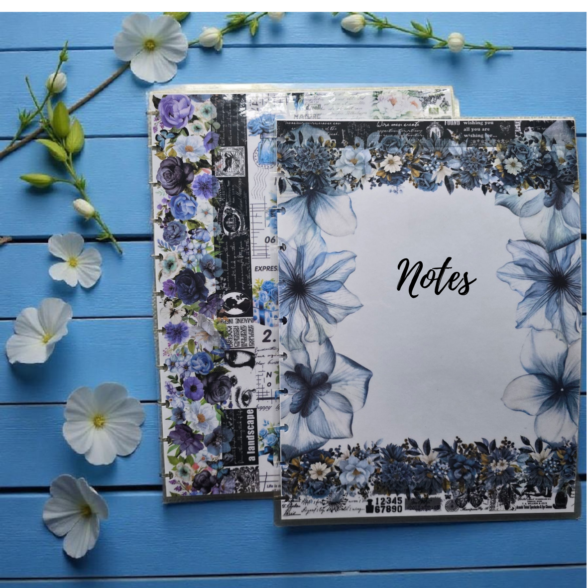 Azure Blooms discbound notes cover by dream.design.bloom, calm blue planner cover for notes and journaling