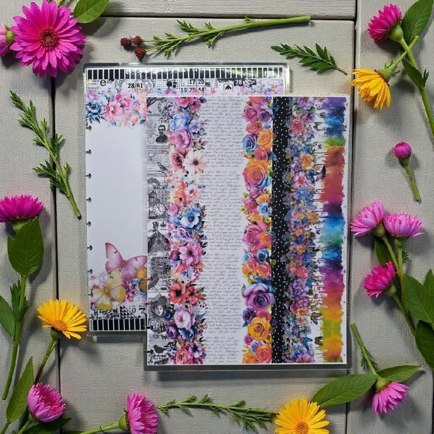 back view of Celestial Blooms discbound planner cover, colourful laminated planner accessory