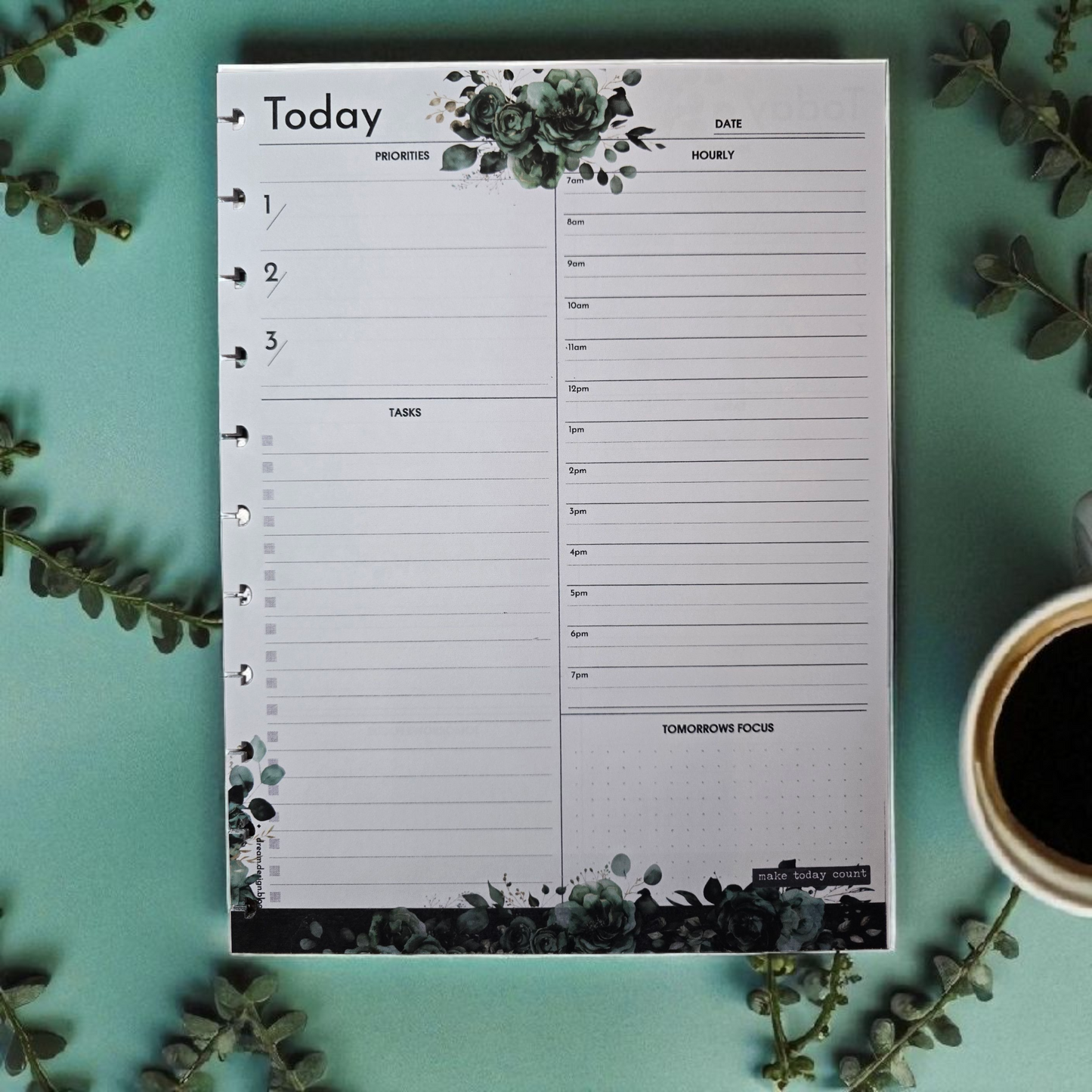 flatlay of Arbor Designs discbound today planner inserts in natural green palette styled with boutique accessories