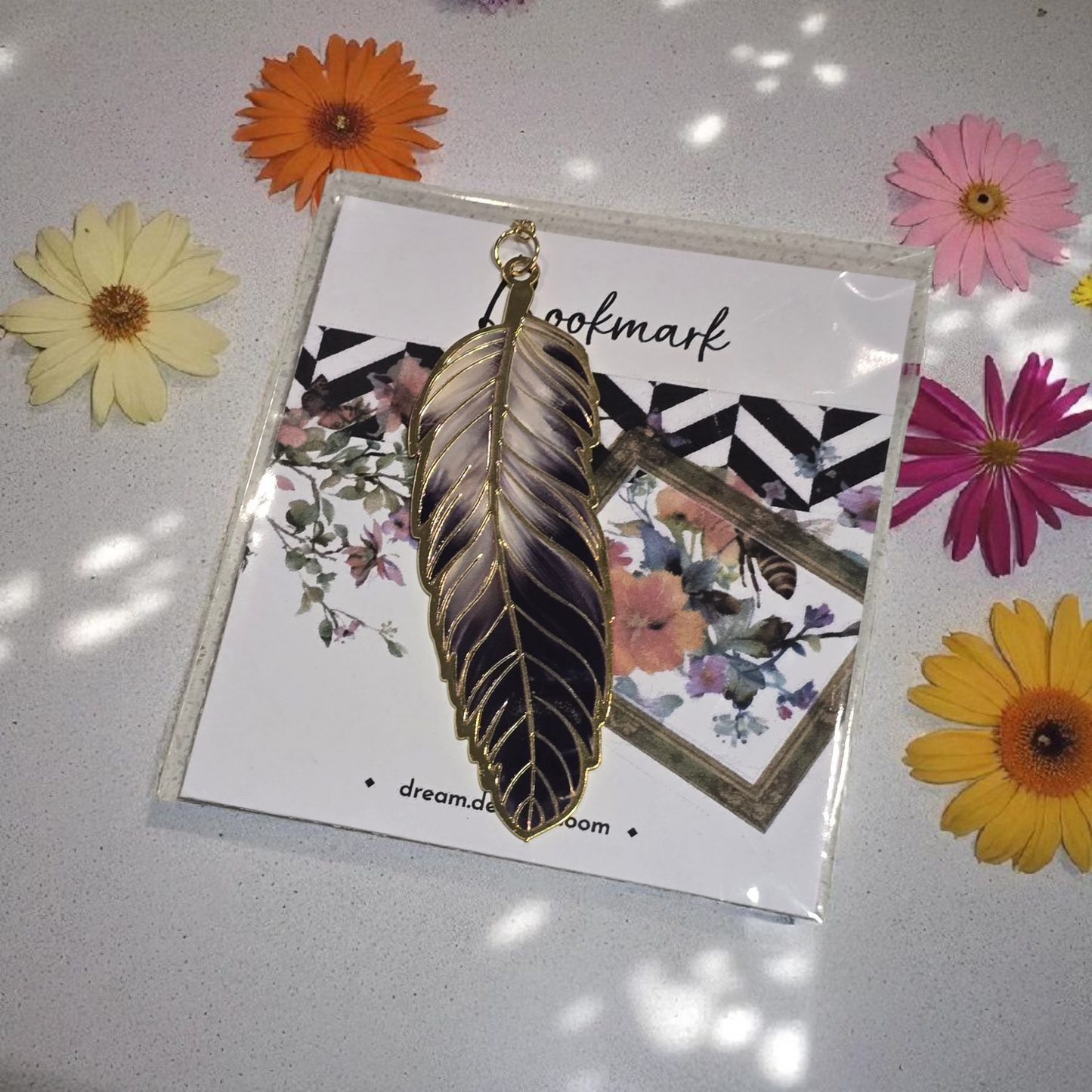 Celestial Blooms gold feather planner bookmark by dream.design.bloom, vibrant rainbow discbound planner accessory