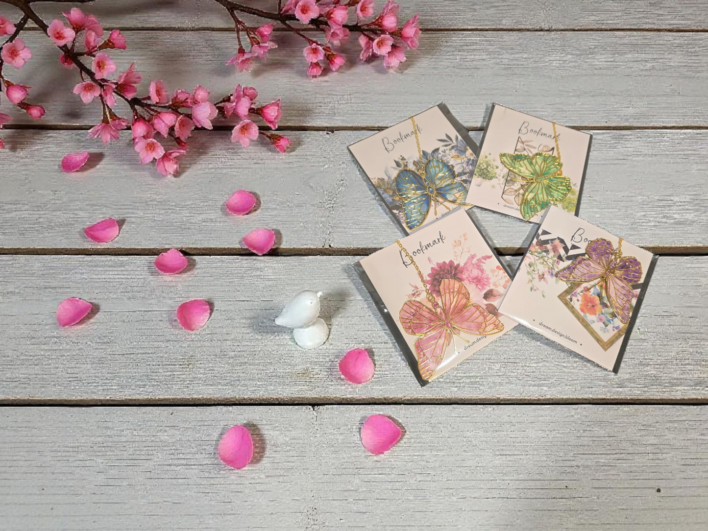 Gold butterfly planner bookmark by dream.design.bloom in packaging, boutique discbound planner accessory with gold detailing and soft colour accents