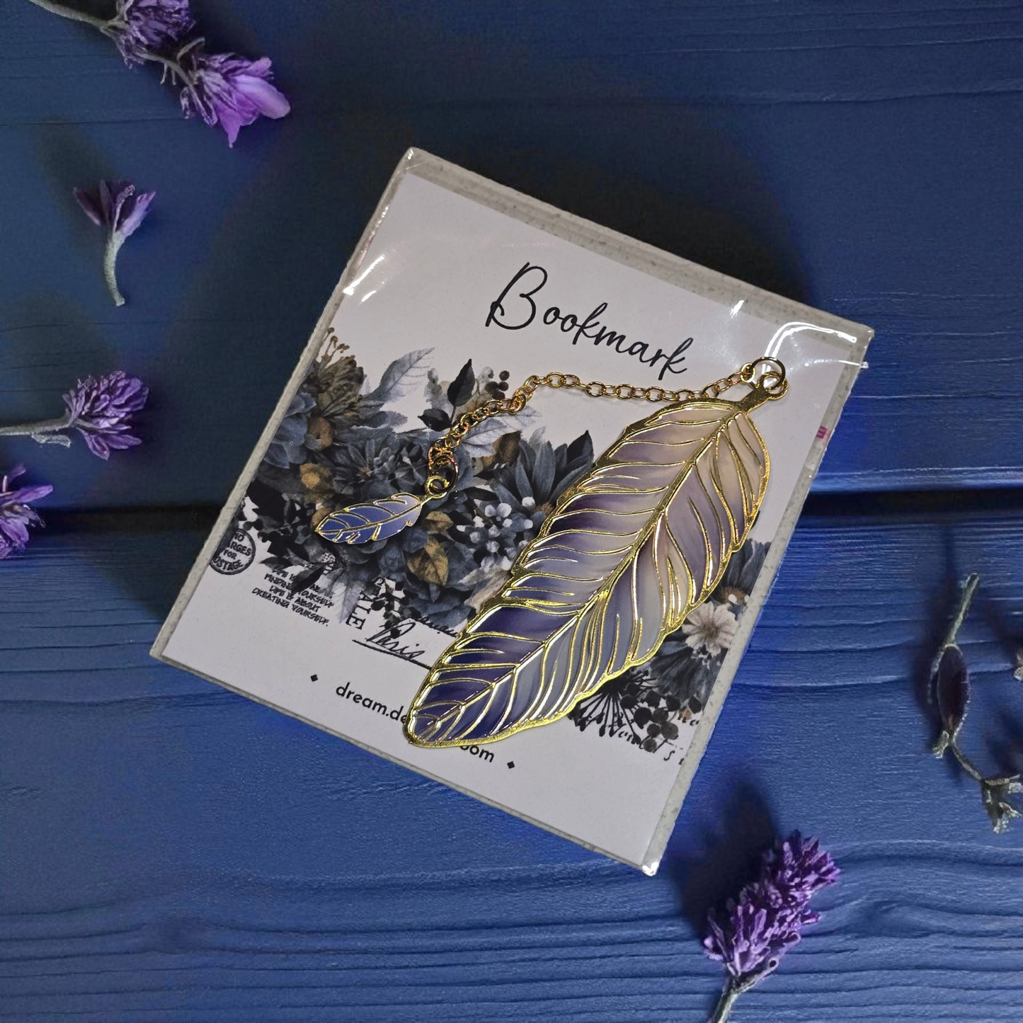 Azure Blooms gold feather planner bookmark by dream.design.bloom, calm blue discbound planner accessory for elegant organisation