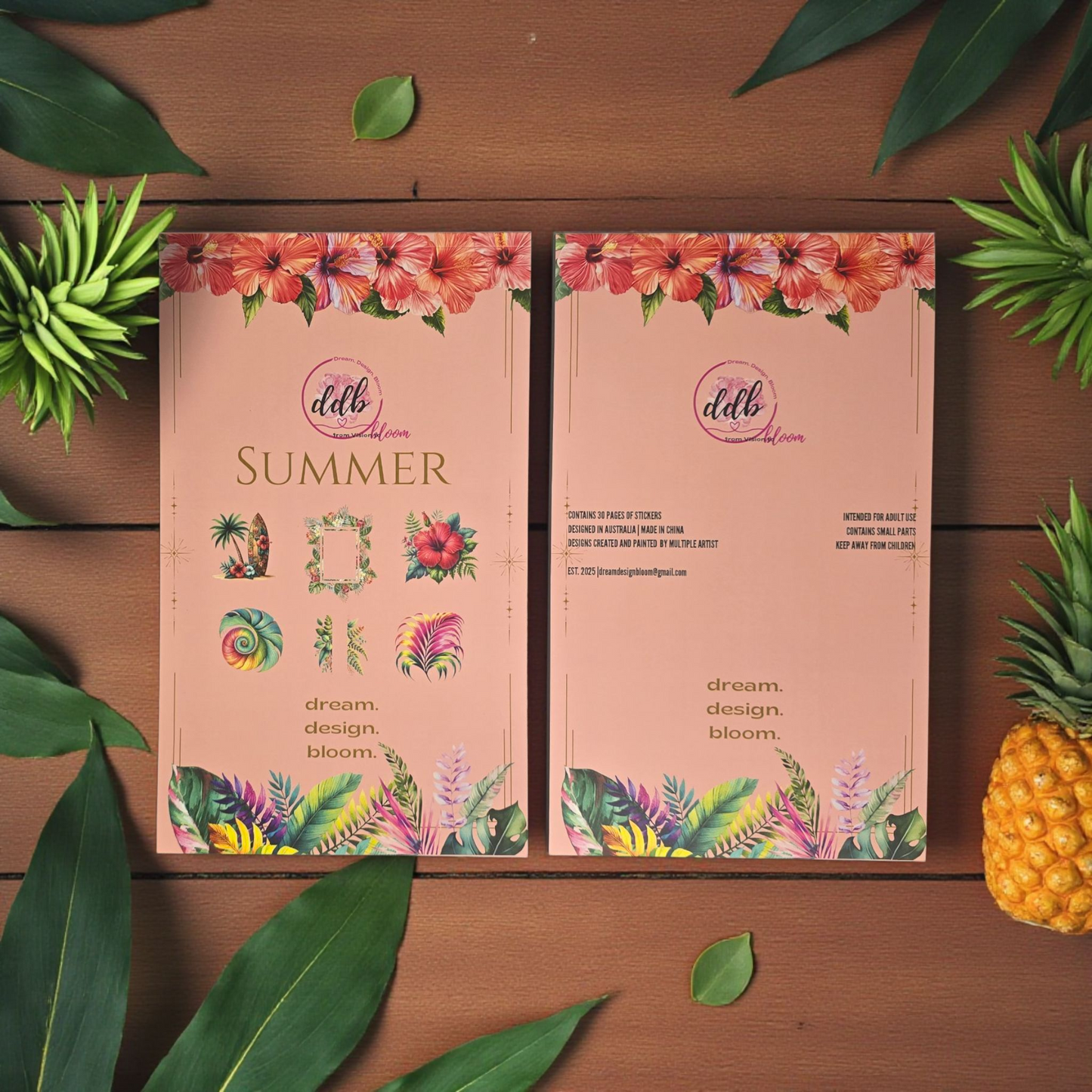 Sticker Book Summer by dream.design.bloom, front and back cover displayed, boutique planner stickers for discbound planners featuring floral and seasonal summer designs