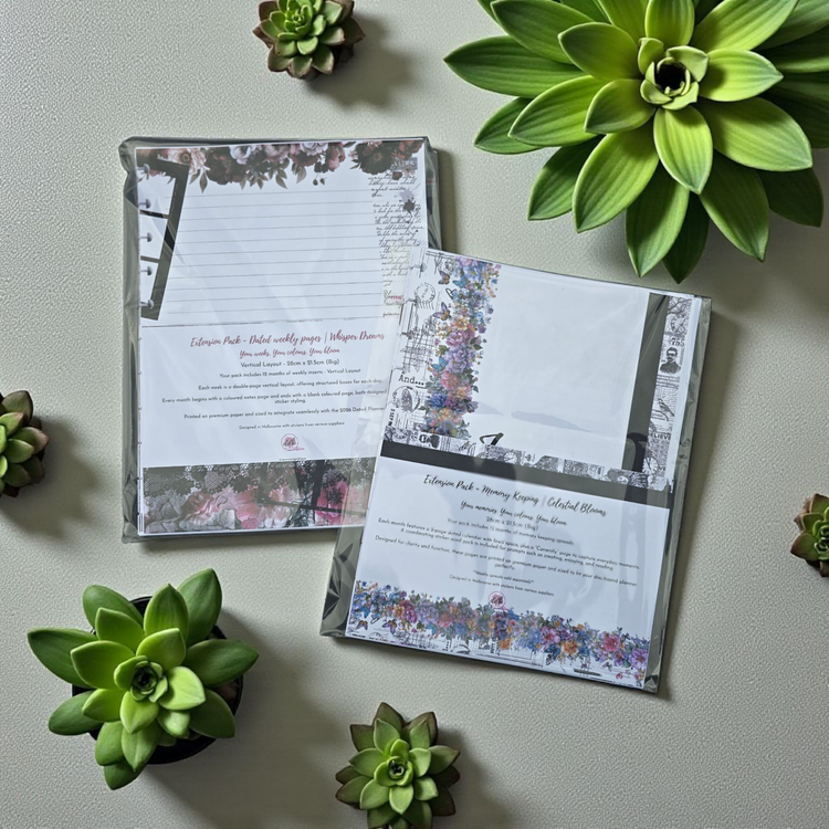 collection of dream.design.bloom discbound extension inserts including 2026 weekly dated layouts and memory keeping pages designed for flexible planning and creative reflection