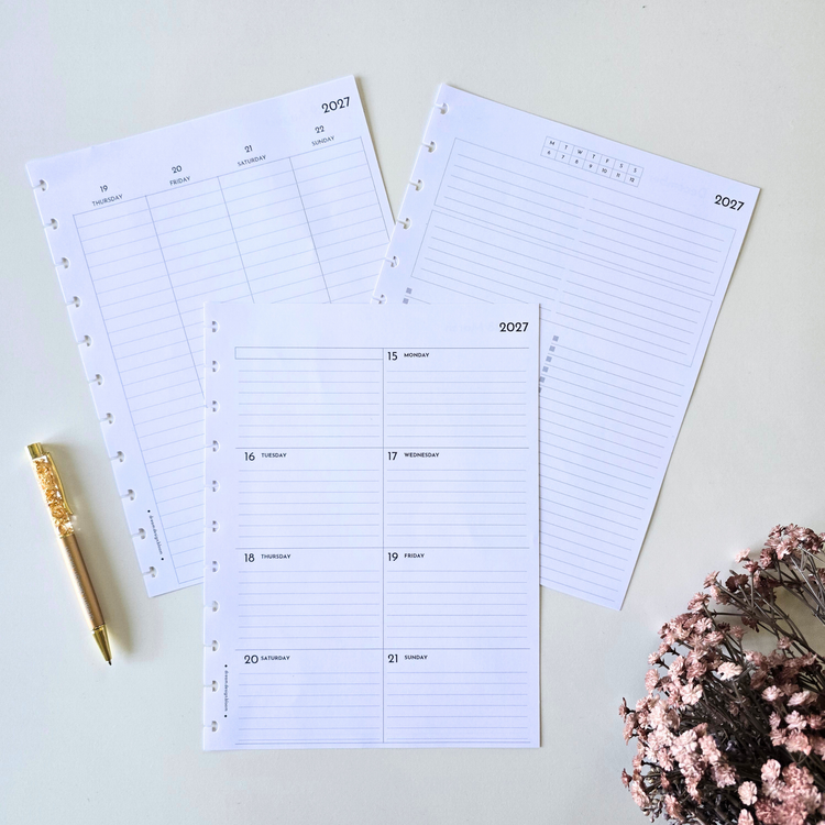 collection of dream.design.bloom discbound extension inserts including 2026 weekly dated layouts and memory keeping pages designed for flexible planning and creative reflection