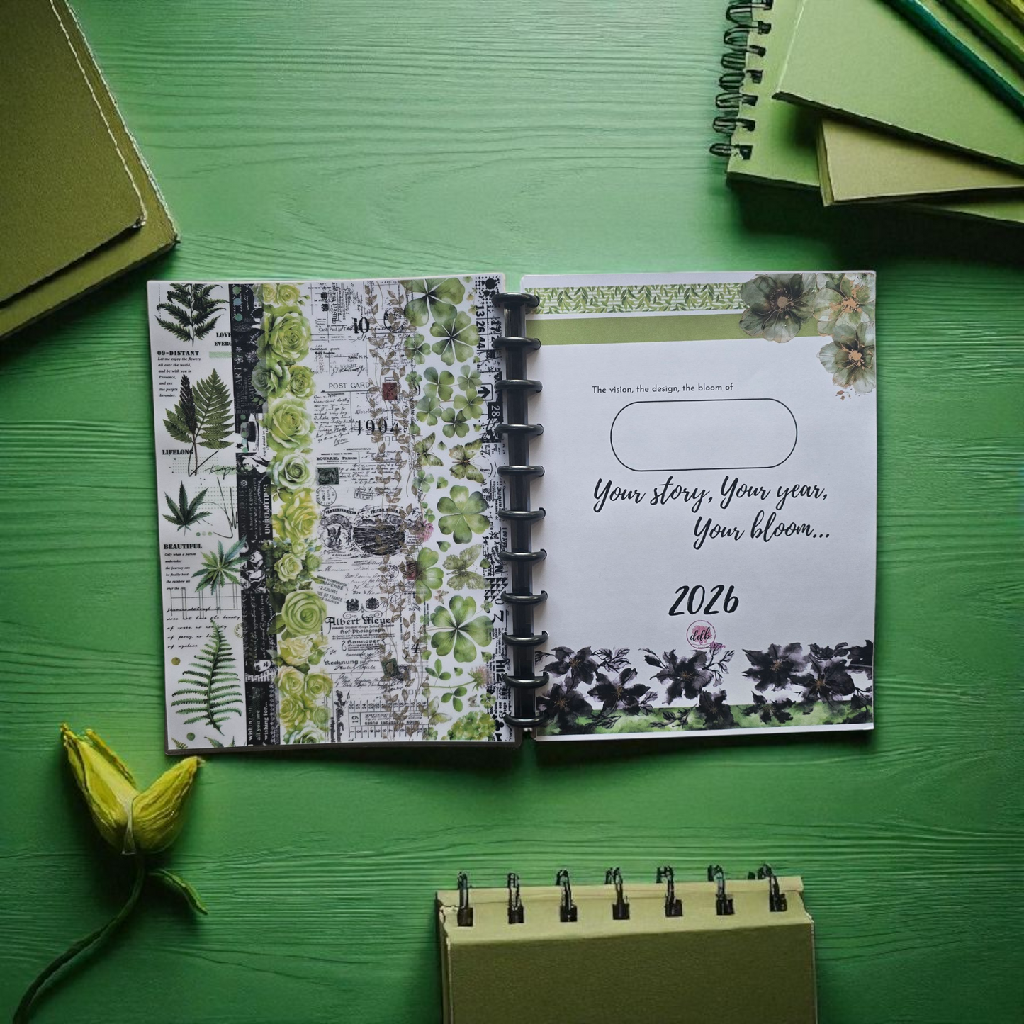 inside front cover of Arbor Designs 2026 discbound monthly dated planner showing opening layout