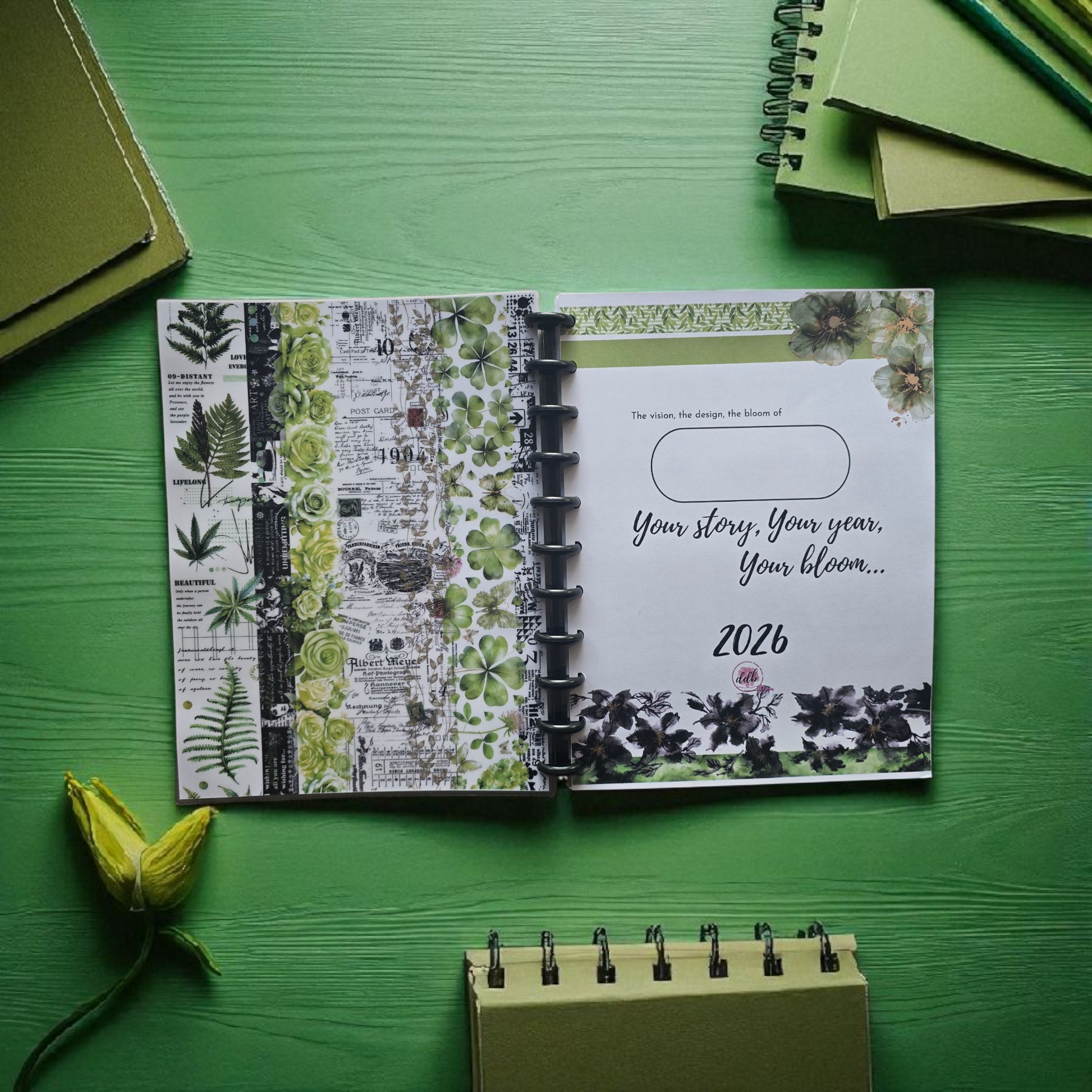 inside front cover of Arbor Designs 2026 discbound monthly dated planner showing opening layout