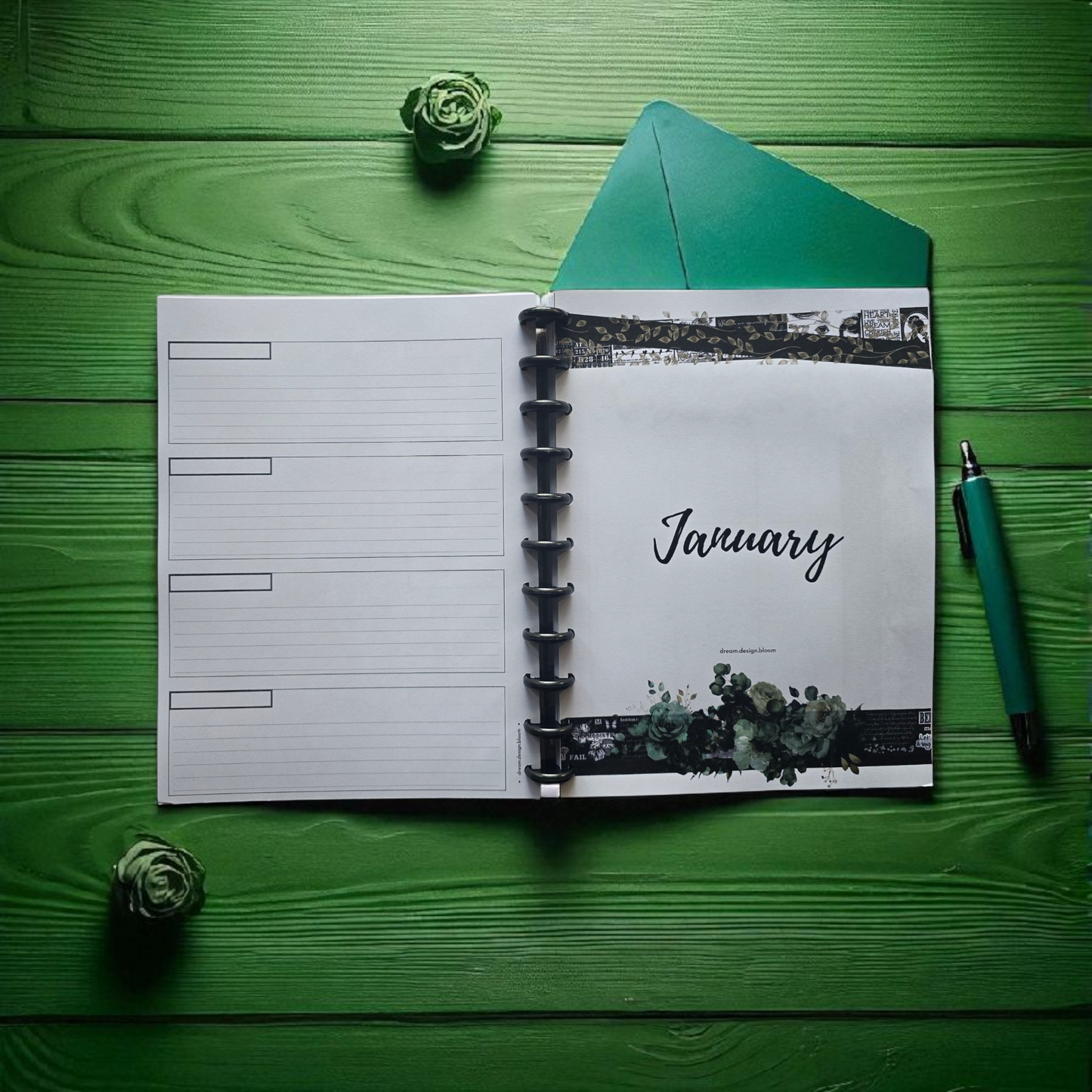 month cover page for Arbor Designs 2026 discbound monthly dated planner in boutique green palette