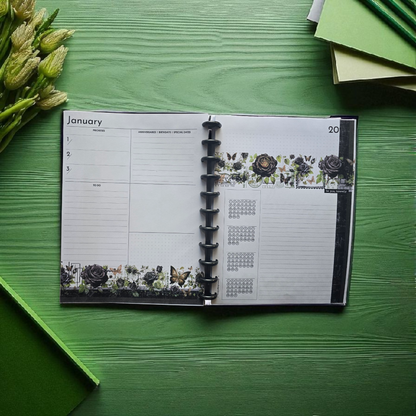 monthly priorities page from Arbor Designs 2026 discbound planner with checklist and tracker sections