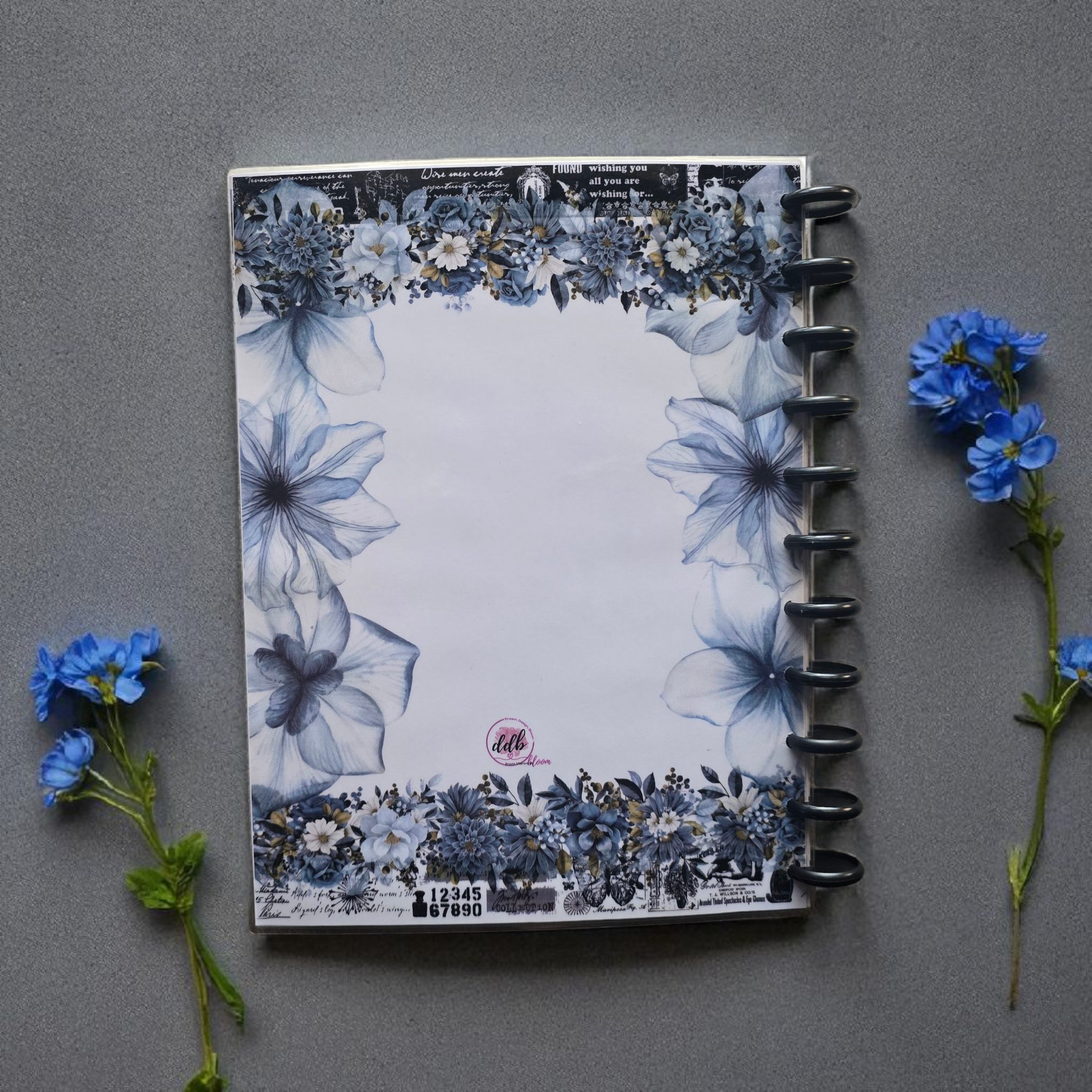 back cover of Azure Blooms 2026 discbound monthly dated planner