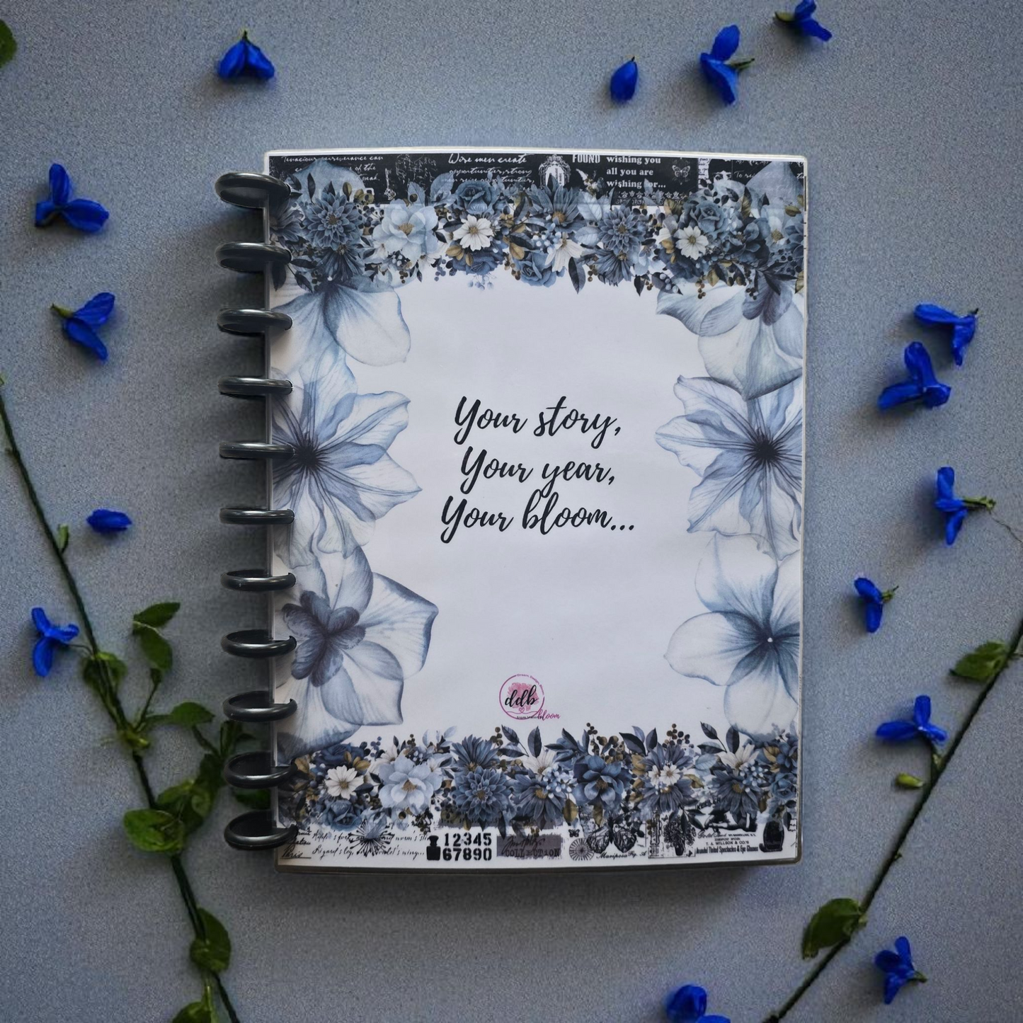 front cover of Azure Blooms 2026 discbound monthly dated planner in sky blue palette