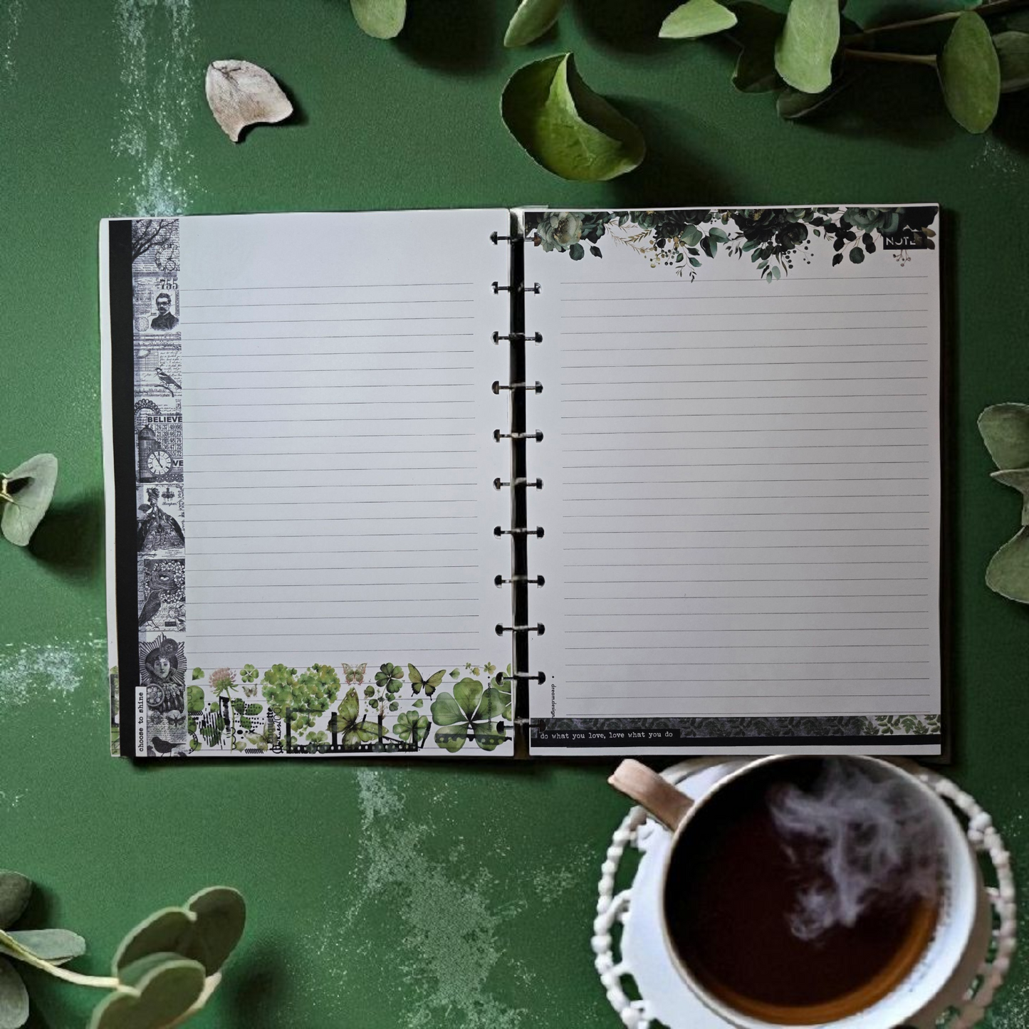 2026 Discbound Weekly Dated Extension Inserts by dream.design.bloom in Arbor Designs palette, natural green boutique colour collection showing monthly Notes and Blank pages together