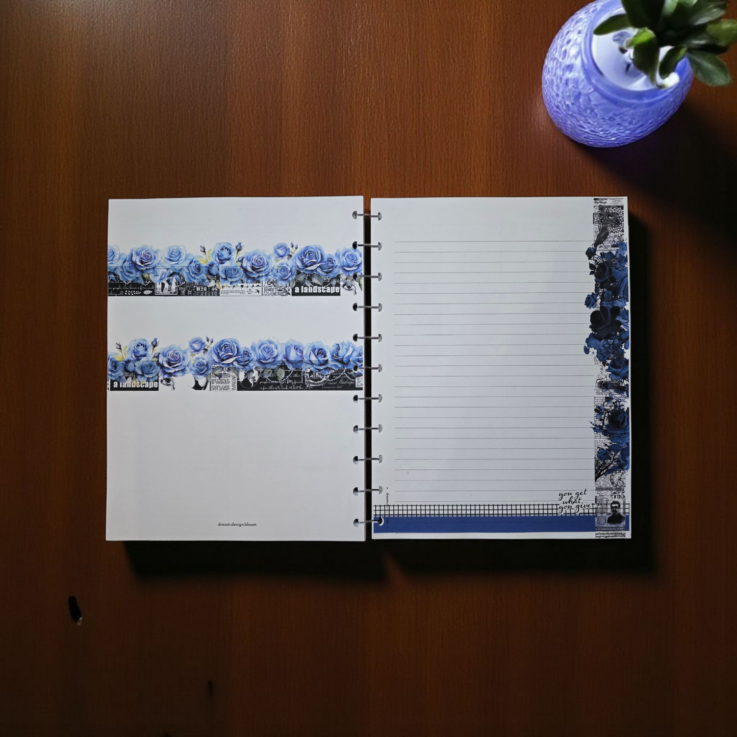 2026 Discbound Weekly Dated Extension Inserts by dream.design.bloom in Azure Blooms palette, calm blue boutique colour collection showing monthly Notes and Blank pages together