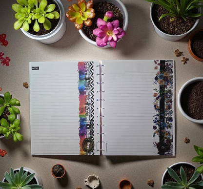 2026 Discbound Weekly Dated Extension Inserts by dream.design.bloom in Celestial Blooms palette, joyful rainbow boutique colour collection showing monthly Notes and Blank pages together