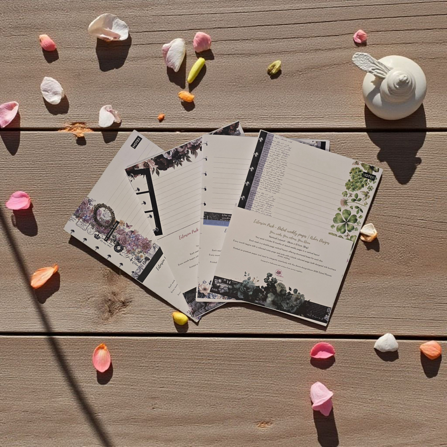 Flatlay of 2026 Discbound Weekly Dated Extension Inserts by dream.design.bloom, boutique planner inserts showing all colour collections together