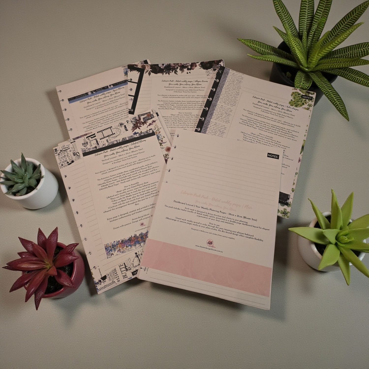 Flatlay of 2026 Discbound Weekly Dated Extension Inserts by dream.design.bloom, boutique planner inserts showing all colour collections together