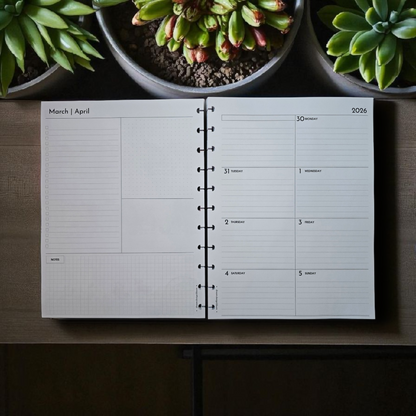 2026 Discbound Weekly Dated Extension Inserts by dream.design.bloom showing dashboard layout design in crisp black and white, boutique planner inserts for creative and functional planning