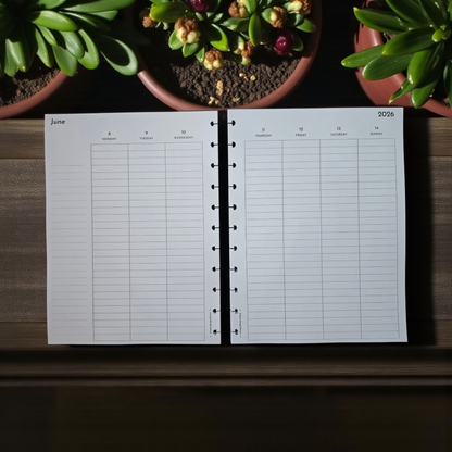 2026 Discbound Weekly Dated Extension Inserts by dream.design.bloom showing vertical layout design in crisp black and white, boutique planner inserts for structured weekly planning