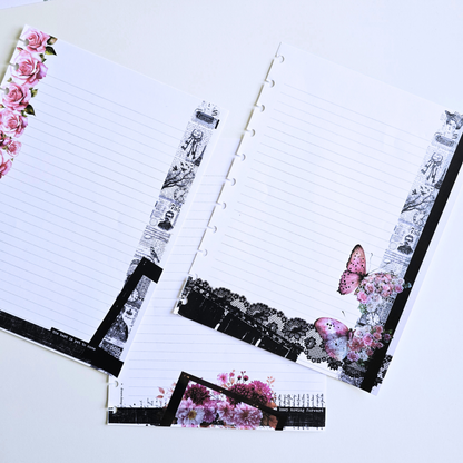 Three decorative lined discbound notes inserts arranged on a white background, featuring pink rose borders, black-and-white newspaper print strips, lace-like black borders, and a butterfly motif.