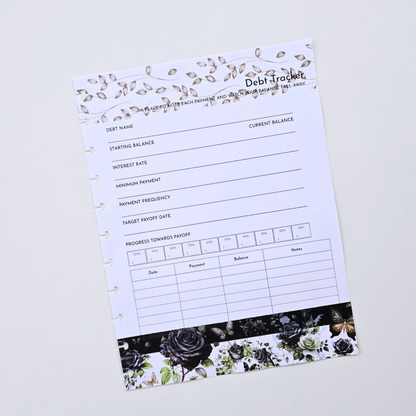 A discbound Debt Tracker planner page with black text fields, a white background, and floral rose illustrations in black, gray, and muted green along the top and bottom borders, photographed on a light neutral background. Disc Bound Planner. Discbound insert