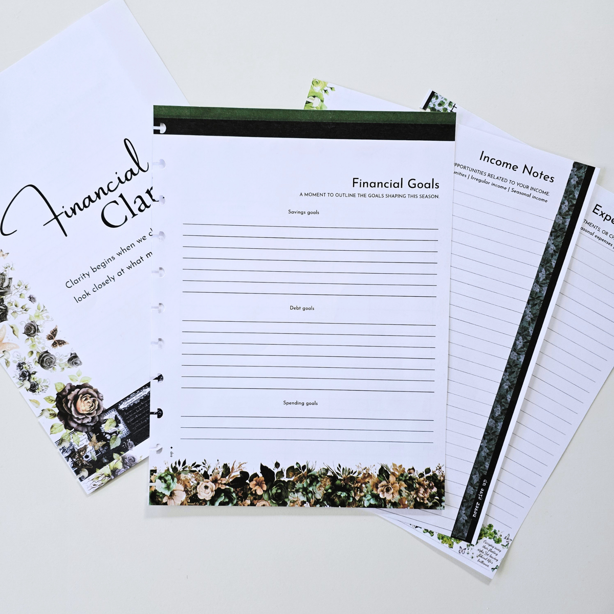 A set of floral-themed financial planner inserts and notepad pages arranged on a light surface. The visible sheets include a cover page labelled 'Financial Clart,' a 'Financial Goals' page, an 'Income Notes' page, and other lined note pages with water colour flowers and greenery accents. Disc Bound Planner. Discbound