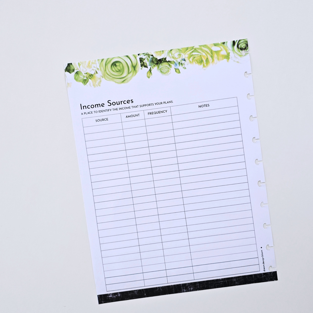 A single-page discbound planner insert with a green floral header reading 'Income Sources' and a table for sources, amount, frequency, and notes, shown on a plain light background. Disc Bound Planner. Discbound inserts