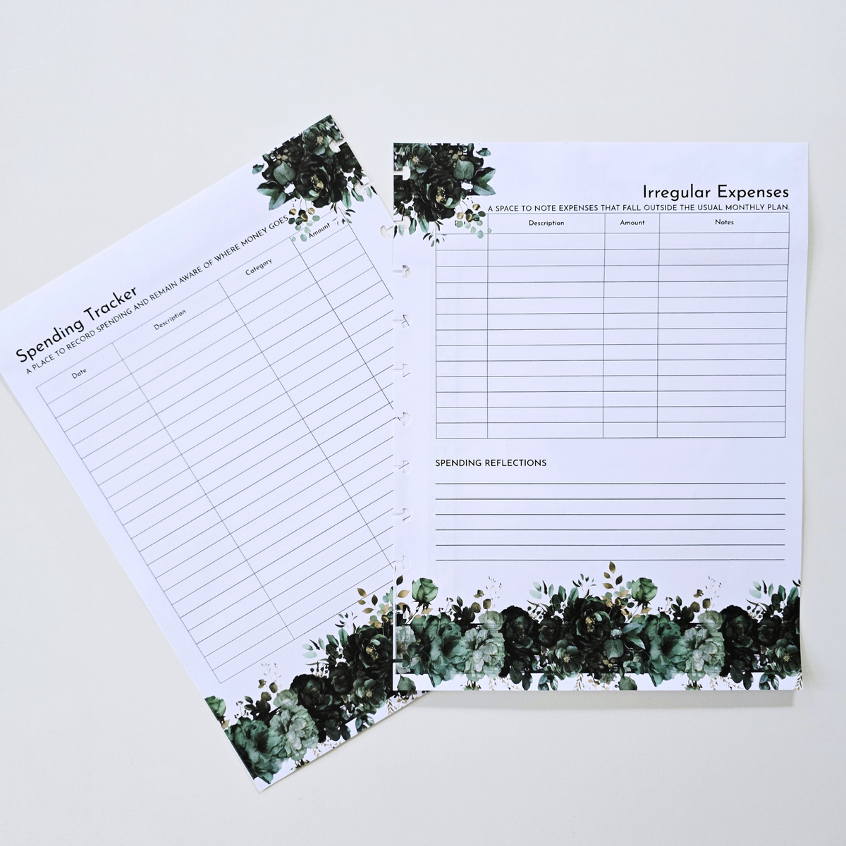 Two printed expense tracker sheets with green and white floral borders, shown overlapping on a light neutral background. Disc Bound Planner. Discbound Inserts
