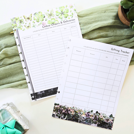 Two floral discbound planner inserts for tracking online orders and gifting, styled on a light cream surface with a sage green fabric backdrop. Disc Bound Planner.