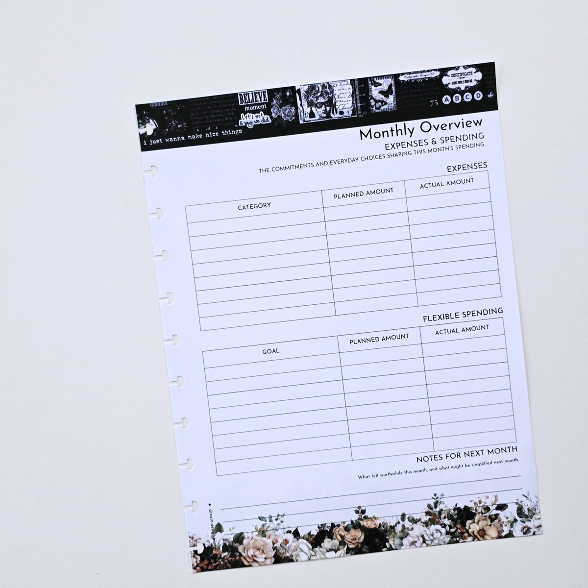 A discbound monthly expense and spending tracker inserts sheet with black and white header graphics and floral accents at the bottom, photographed on a clean white background. Disc Bound Planner. Discbound Insert