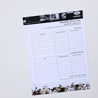 A discbound monthly expense and spending tracker inserts sheet with black and white header graphics and floral accents at the bottom, photographed on a clean white background. Disc Bound Planner. Discbound Insert