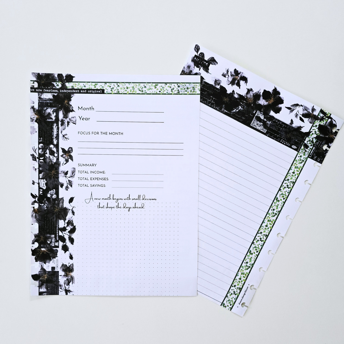 A set of black and white floral discbound planner inserts on a light grey background, including a weekly and monthly planning page with lined sections and a floral header. Disc Bound Planner.