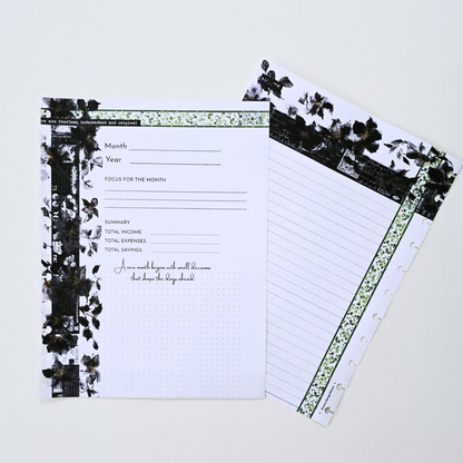 A set of black and white floral discbound planner inserts on a light grey background, including a weekly and monthly planning page with lined sections and a floral header. Disc Bound Planner.