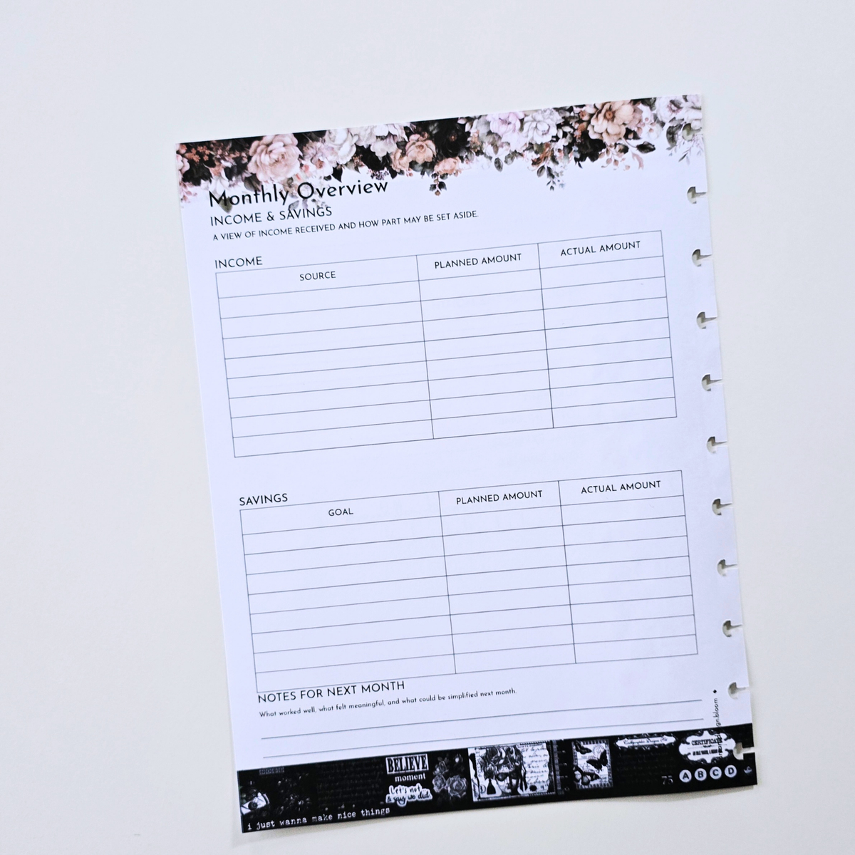 A single monthly overview planner insert page from a spiral-bound notebook, shown on a clean white background. The page has a floral header, black printed tables for income, savings, and notes, and visible metal spiral binding along the right edge. Disc Bound Planner. Discbound Inserts