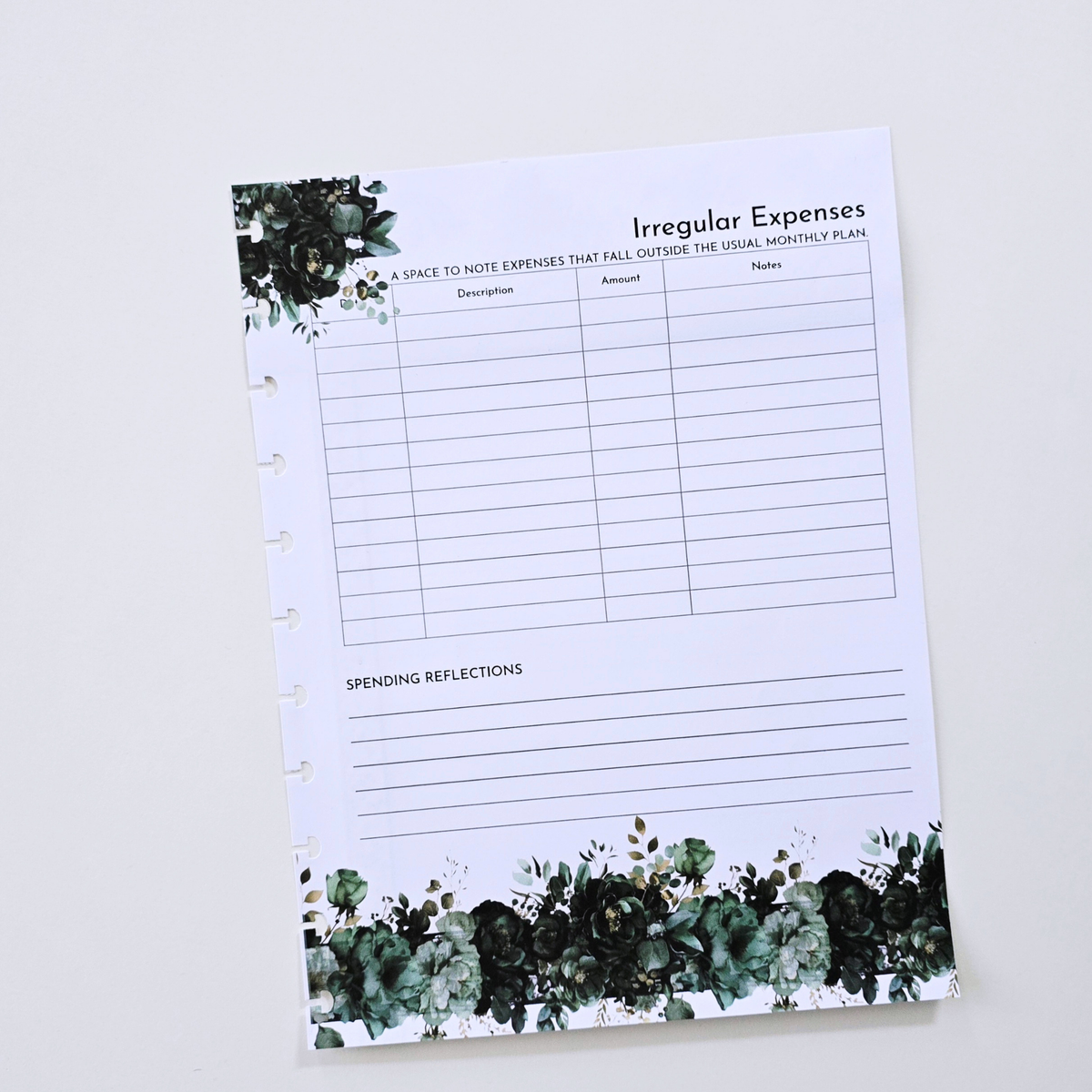 A discbound planner insert page titled 'Irregular Expenses' with a green watercolor foliage border at the top and bottom, photographed on a plain white background. Disc Bound Planner. Discbound inserts