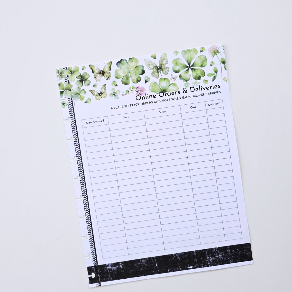 A discbound planner insert titled 'Online Orders & Deliveries' with a green clover and butterfly floral header, shown on a light grey background. Disc Bound Planner