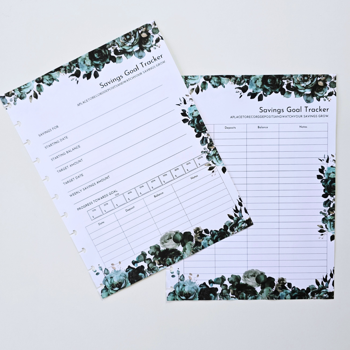 Two floral discbound planner inserts for a savings goal tracker, one shown as a spiral-bound page and the other as a flat sheet, both decorated with green and blue watercolor eucalyptus leaves on a white background. Disc Bound Planner.
