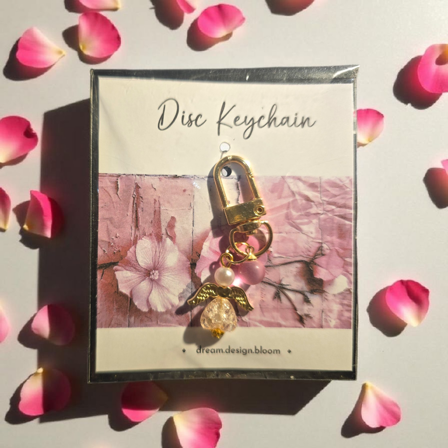 Whisper Dreams short disc key charm by dream.design.bloom, soft pink discbound planner accessory with  gold details