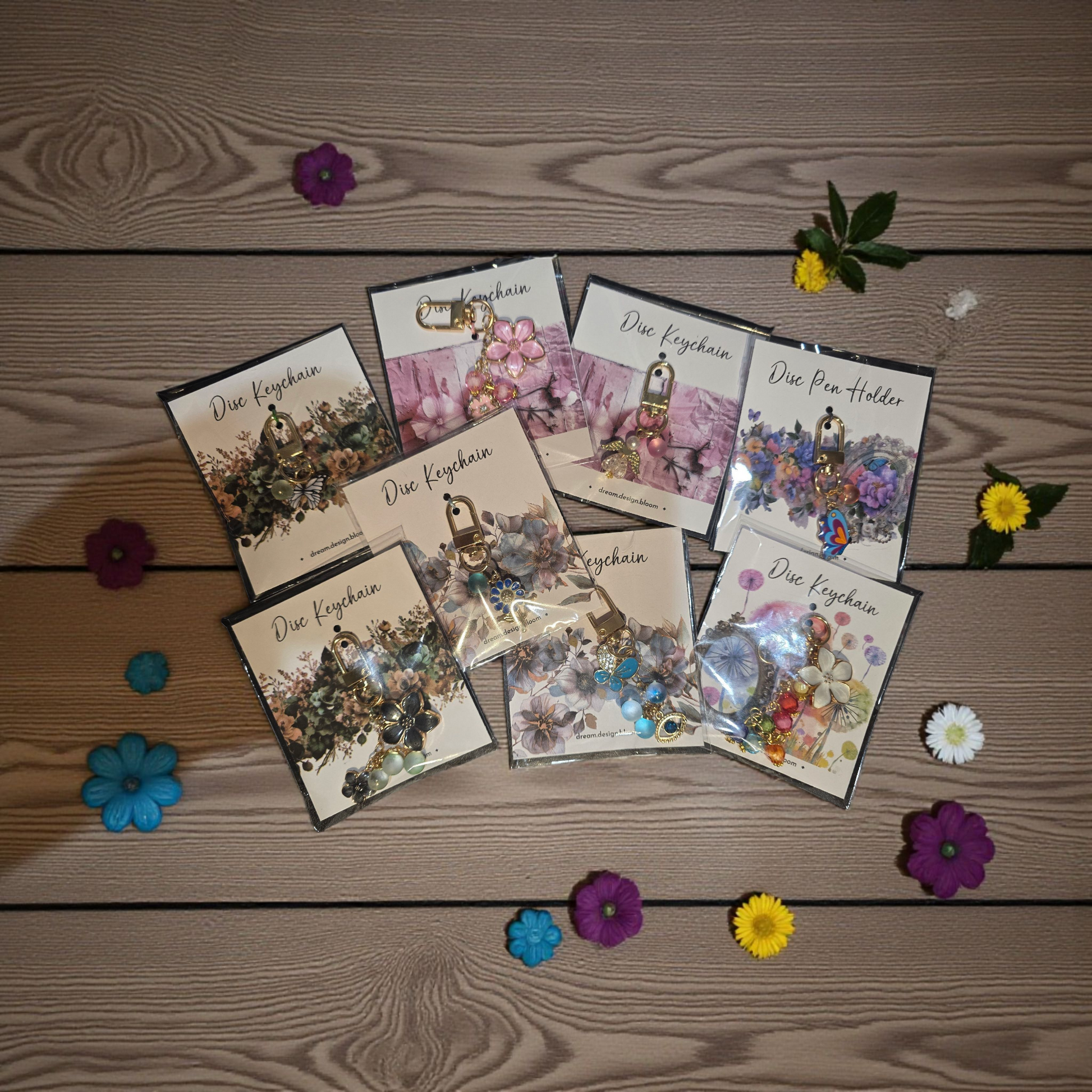 packaged disc key charms by dream.design.bloom, boutique discbound planner accessories in signature palettes