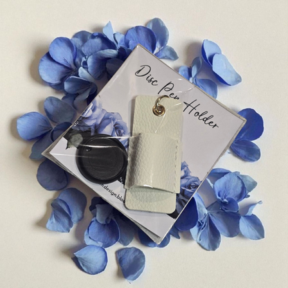 Packaged Disc Pen Holder by dream.design.bloom in white, boutique discbound planner accessory ready to ship
