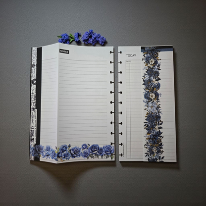 flatlay of Azure Blooms discbound foldout today inserts displayed with coordinating accessories