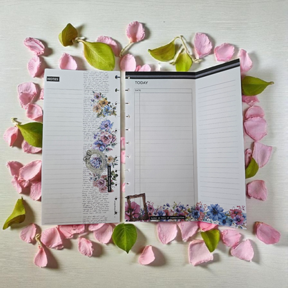 flatlay of Celestial Blooms discbound foldout today inserts styled with coordinating planner accessories